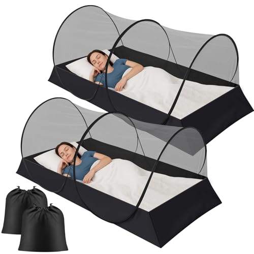 Image of 2 Pcs Large Pop up Mosquito Tent Portable Foldable Mosquito Bug Net for Bed Camping Travel Patio Outdoor 78 * 39 * 28 Inch Bug Netting Mesh Tent Canopy for Adults Bedroom, Black