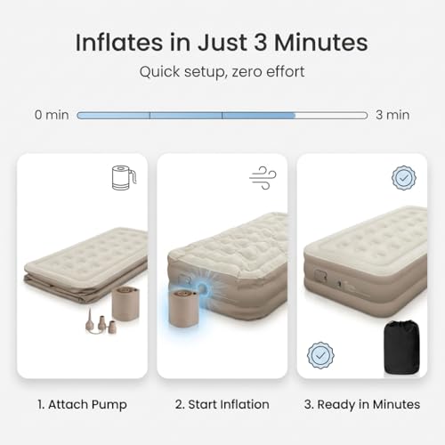 Image of Single Inflatable Airbed Mattress, Waterproof, Plush Top, 191x99x40 cm, Portable, for Home, Travel & Camping, Brown
