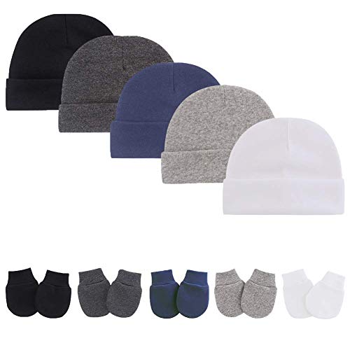 Image of Baby Mittens Hat Sets Infant Cotton Beanie Skull Caps Hats No Scratch Gloves Toddler Gift Set (5 Sets A (Grey, Dark gray, Black, Navy blue, White))