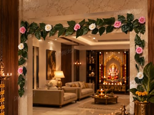 Image of Divyakosh Mango Leaf Vine /Creeper with Camellia Flower for Door Decoration 80 Inch | 12 Camilia Flowers Hanging Thoran /Bandarwal for Diwali Ganpati Navratri Wedding Pooja Home Entrance Decor