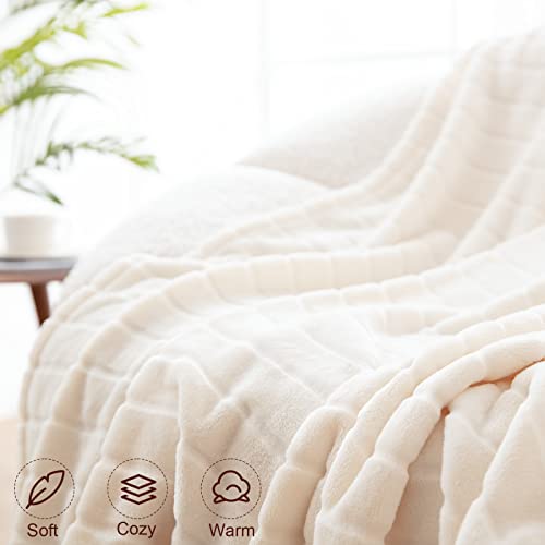 Bertte Plush Throw Blanket Super Soft Fuzzy Warm Blanket | 330 Gsm Lightweight Fluffy Cozy Luxury Decorative Stripe Blanket For Bed Couch - 50"X 60", Ivory White #TOP2