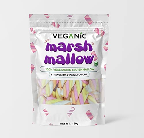Veganic Marshmallows Twisted Shape Pure Veg- 175gm (80 Pieces) | Strawberry/Vanilla Flavour | Vegetarian Marshmallow Candy