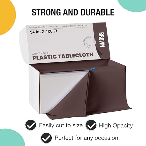 Image of Exquisite Party Solids 54 Inch X 100 Feet Brown Plastic Table Cover Roll in A Cut - to - Size Box with Convenient Slide Cutter. Cuts Up to 12 Rectangle 8 Feet Plastic Disposable Tablecloths
