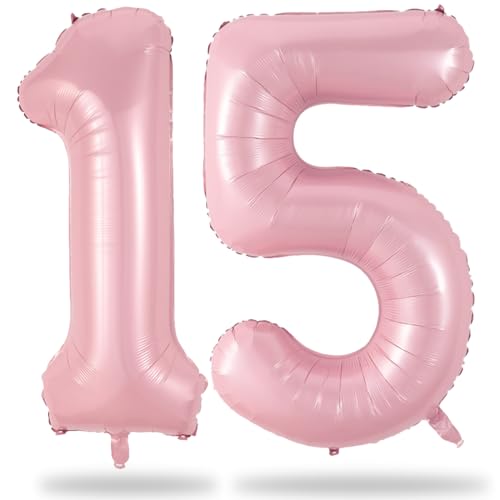 Number 15 Balloon Pastel Pink Giant Number 1 & 5 Helium Foil Balloon for Girls 15th Birthday Decor 40 Inch Self Inflating Mylar 15 Balloon Number for Women Anniversary Party Decorations Supplies