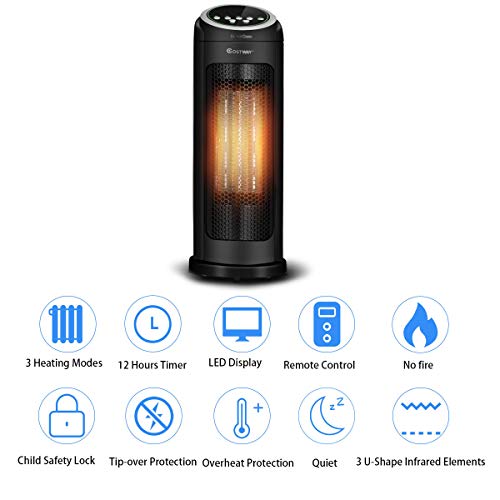 Costway Ceramic Space Heater, Oscillating Tower Heater, Portable Infrared Heater Fan Indoor Use With Remote, Digital Thermostat, 12H Timer 1500/1000 Watt Quiet And Fast Heating #TOP4