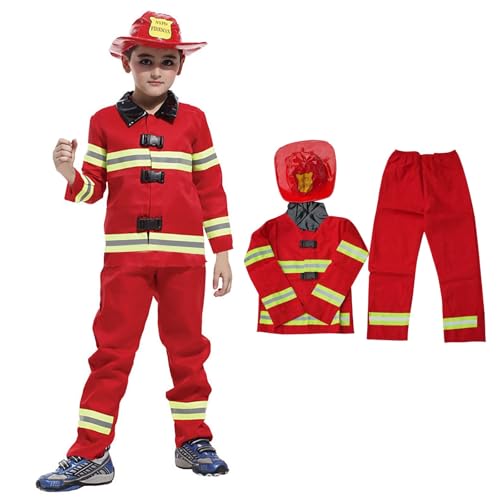 Generisch – Juego de disfraz completo de bombero para niños, con chaqueta, pantalón, cinturón y gorro para carnaval, disfraz de bombero, casco, fiesta de Navidad, disfraz de carnaval, I rojo., 4 7