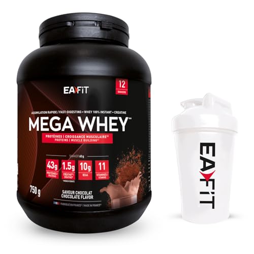 Mega whey chocolat EAFIT 750g poudre de protéine et shaker avec mélangeur acier