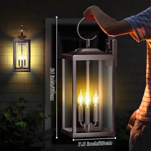 Image of 24 inch Extra Large Dusk to Dawn Outdoor Wall Lights, Waterproof Proch Lights | Oil Rubbed Bronze Outdoor Light Fixture 3-Light, Modern Outdoor Sconce Lights with Tempered Glass Coach Light, Brown, 1-Pack