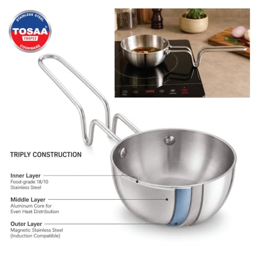 Image of TOSAA TRIPLY TADKA PAN 12 CM (500 ML), with Innovative Handle, Perfect for Tempering Spices, Heating Oil, and preparing tadka for dal, Curry, and Everyday Dishes.