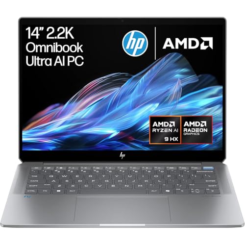 HP OmniBook Ultra AI 14” Laptop with Copilot: 14" 2.2K Touch Display, AMD Ryzen™ AI 9 HX Processor, 32GB RAM, 1TB SSD, Wi-Fi 7, Bluetooth® 5.4, 16.5-Hour Battery Life, Meteor Silver, AY6U8PA