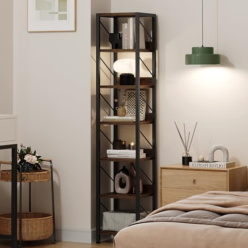 GarveeHome 6 Tier Narrow Bookcase Tall Skinny Bookshelf Rustic Corner Shelf Small Bookshelves Industrial Bookcase for Bedroom, Living Room, Home Office