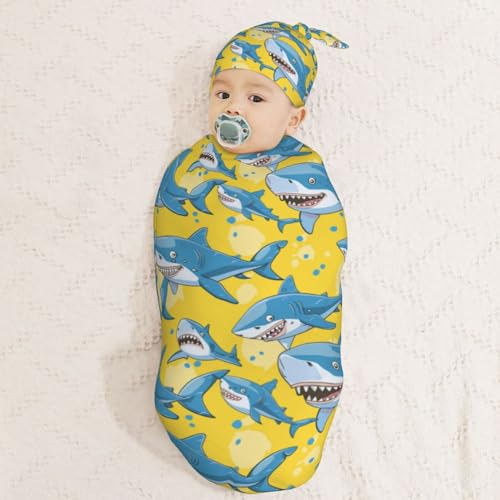 Image of Sharks On Yellow Background Newborn Swaddle Blankets Hat Sets Soft Baby Receiving Blanket Swaddle Sack for Baby Shower Infant Boy Girl Gift