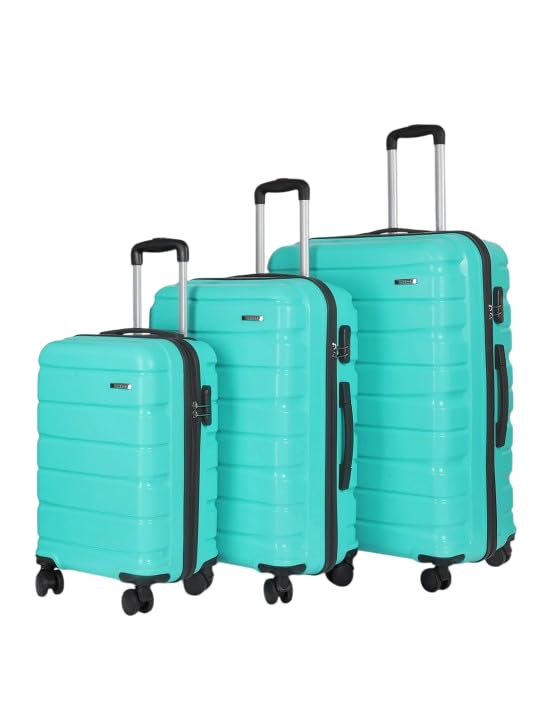 Image of Teakwood Small-Medium-Large 8 Wheels Trolley Bag, Hard Cabin with Zipper Closure, Adjustable Push Button & Cross Side Strap, TSA Lock System 360 Degree (Set of 3, Aqua Green)
