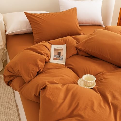 Image of ECOCOTT Orange Duvet Cover King Size, 3 Piece 100% Washed Cotton 1 Duvet Cover with Zipper and 2 Pillowcases, Ultra Soft and Easy Care Breathable Cozy Bedding Set (Orange,King)