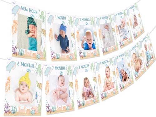 Fangleland Bannière photo d'anniversaire sous la mer pour 1 an, thème animaux de l'océan, étape mensuelle