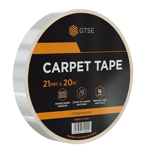 GTSE Cinta adhesiva extra fuerte de doble cara para alfombras, 21 mm x 20 m, cinta adhesiva de alto rendimiento para uso doméstico y profesional, sin dejar residuos, rollo de cinta adhesiva para