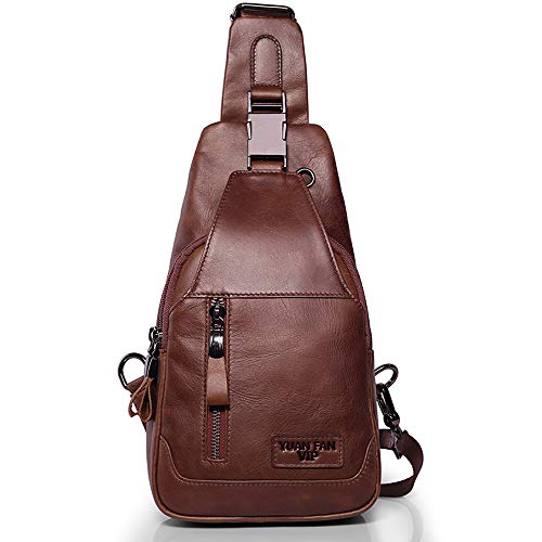 SDNAZ Herren Echtleder Brusttasche Schultertasche Reisetasche Umhängetasche Freizeittasche Crossbody Bag DE897 Braun V1