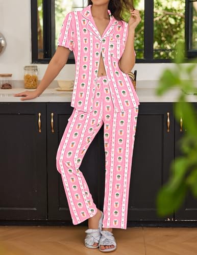 Image of Ekouaer Womens Pajamas Set Short Sleeve Button Down Top & Pants Lounge Pjs | Soft Sleepwear with long pants, ideal for Home relaxation, Wedding, Party, Daily Wear & Breastfeeding
