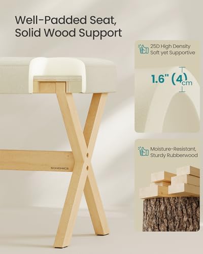 SONGMICS Makeup Stool, Padded Vanity Stool, Foot Rest, Solid Wood X Legs, for Bedroom, Closet, Entryway, 12.6 x 16.5 x 18.1 Inches, Summer Sand and Natural Beige ULSF006LF02 - 4