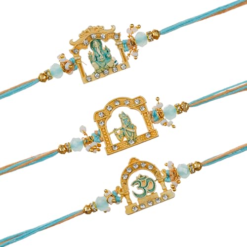 Image of eCraftIndia Set of 3 Om Ganesha Krishna Designer Rakhis | Best Bro Ever Fridge Magnet | Roli Chawal Pack | Rakhi for Brother Bhaiya Bhai Bhabhi Kids