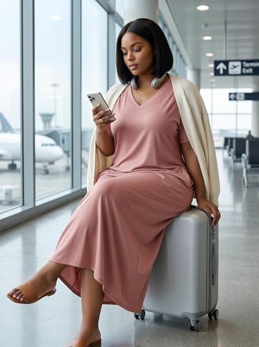 Image of SUZONANA Women Casual T-Shirt Dress V Neck Short Sleeve Solid Color Oversize Dress with Front Two Pockets