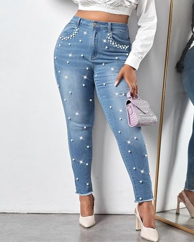 Ladyful Women's Skinny Jeans Classic Mid Waist Stretchy Denim Pants with Pearls Rhinestones2