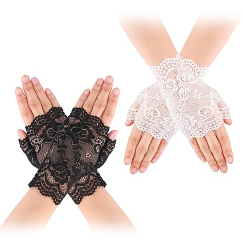 DIVINA VITAE 2 Pairs Lace Gloves Floral Fingerless Gloves Short Tea Party Glove for Women Bridal Wedding Prom Party Opera Dinner Cosplay 1920s Costume Accessories