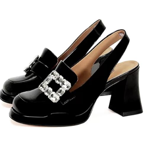 Slingback Pumps for Women Closed Square Toe Block Heel Rhinestone Mary Jane Shoes