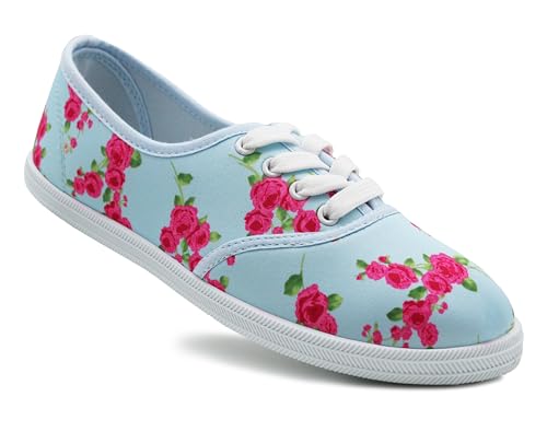Image of Dr Keller Womens Floral Canvas Lace Up Plimsolls Flat Pumps Casual Loafer Trainers (Blue Floral, UK Footwear Size System, Adult, Women, Numeric, Medium, 3)