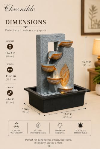 Image of CHRONIKLE Indoor Tabletop Water Fountain with Warm LED Light & Controller Pump | Golden Leaf Designer 4 Diya Step Cascade Polyresin Waterfall Fountain for Home, Meditation Decor | Grey | 40x29.5x22 CM