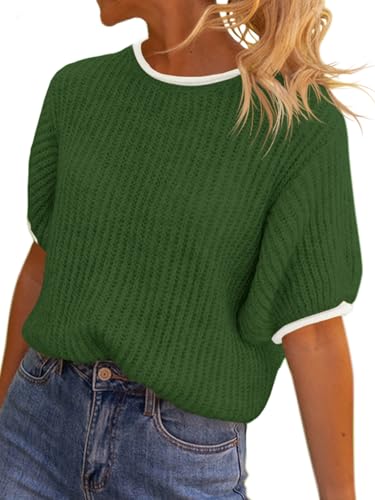 Image of Saodimallsu Womens Puff Short Sleeve Sweater Tops Spring Summer Color Block Ribbed Knit Crew Neck Going Out Shirts