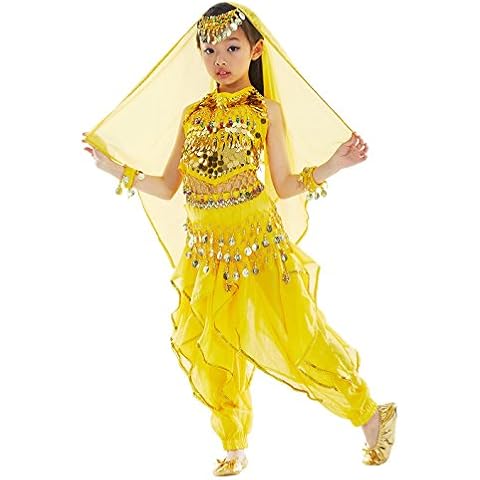 Bellyqueen Belly Dancing Dress Costume Girls' Classic Dance Oriental 7 Pcs Top + Harem Pants + Head Dress + Scarf + Bracelets + Belt, yellow, S Cover
