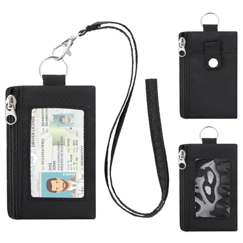 Minimalist RFID Blocking Wallet with Lanyard,Functional ID Case with 2 Zipper Pockets and Key Chain for Men and Women, Tactical Badge Pouch Cards Holder, Coin Purse for Travel Sports -Black2