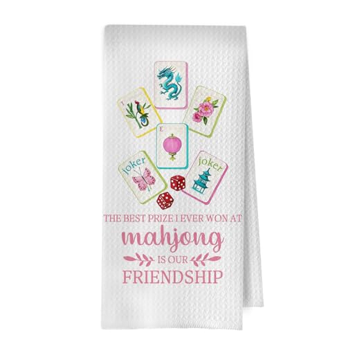 Image of Mahjong Chinoiserie Friendship Towel - Pink Mahjong Chinoiserie Friendship Decorative Waffle Dish Towels, Funny Hand Towel, Gifts Tea Towel for Kitchen, 16x24 Inch