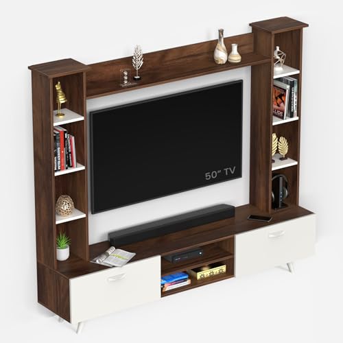 Image of BLUEWUD Pinn Modern TV Unit /TV Stand /TV Cabinet Panel /Entertainment Center with Storage & Display Shelves for Books & Decor, Living Room Fits Upto 60 Inches - (Brown Maple /White) (Pinn TV Unit)