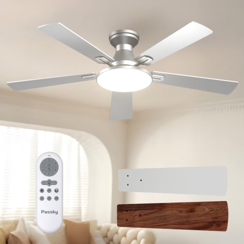 Passky 52 Inch Silver Low Profile Ceiling Fans with Lights and Remote