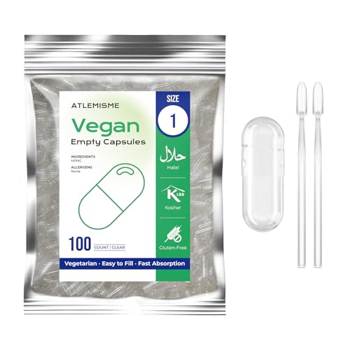 ATLEMISME Capsule Vuote Vegetali Taglia 1 (100 Unità) con 2 Cucchiai – Senza Gelatina, Taglia Pillole e OGM – Facili da Riempire, Ideali per Vegani e Vegetariani