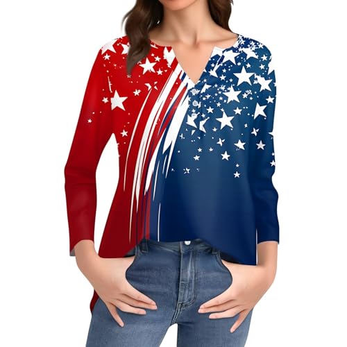 Image of 4th of July Shirts Women 3 /4 Length Sleeve Womens Tops Henley Neck Casual Patriotic T Shirts