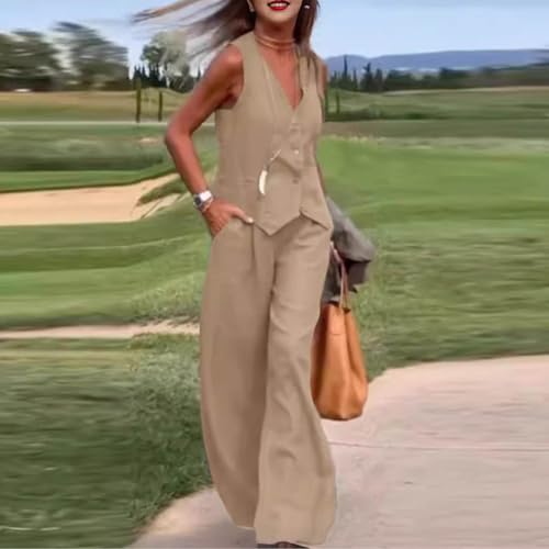 HGps8w Women's Summer Cotton Linen 2 Piece Outfits Sleeveless Button V Neck Suit Vest with Wide Leg Pants Business Work Sets4