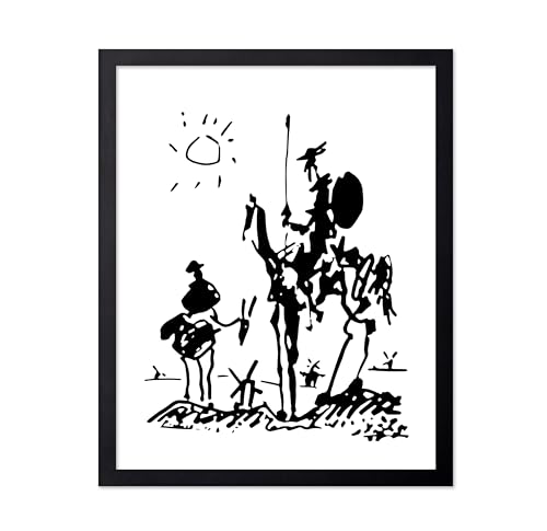 Poster Master Classic Poster - Vintage Minimalist Print - Gift for Artist, Friend - Don Quixote, Black, White, Sun, Windmills, Donkey - Wall Decor for Home, Office, 11x14 Black Framed