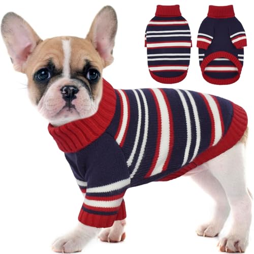 Kuoser Dog Sweater,Warm Dog Sweaters for Small Dogs,Turtleneck Thick XS Dog Sweater Christmas Outfit,Pet Winter Clothes Doggie Knitwear Girl Boy for Holiday Thanksgiving,Red&Blue Strips XS X