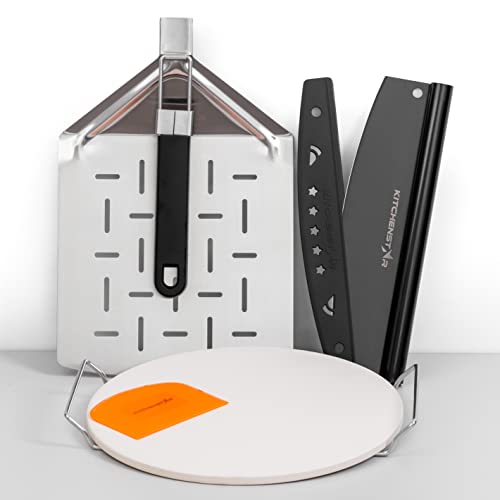Kitchenstar Pizza Stone For Oven And Grill 12 Inch + Pizza Cutter Rocker 12" Black + Perforated Stainless Steel Pizza Peel With Folding Handle (9.5 X 14") - Pizza Making Set Bundle #TOP19