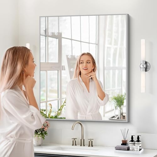 Image of COFENY Silver Bathroom Mirror for Wall, 30x36 Inch Rectangle with Metal Frame, Modern Vanity for Bathroom Living Room, Entryway Hangs Horizontal or Vertical