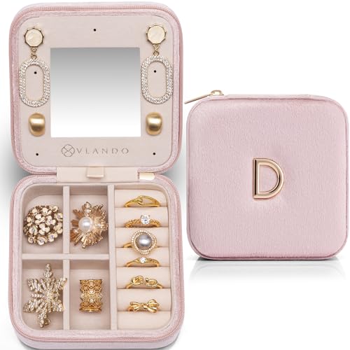 Vlando Travel Jewelry Case Organizer, Personalized Initial Jewelry Boxes for Women Girls, Travel Essentials for Birthday Gifts for Friend Teen Girls - Letter D, Velvet Pink D-pink