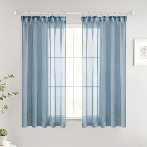 Woaboy Gardinen mit Kräuselband Kurz Fenster Voile Vorhänge Wohnzimmer Transparent Sheer Curtains Stores Gardine Schlafzimmer Modern Schlaufengardinen 2er Set 140x160cm (BxH) Navy Blau