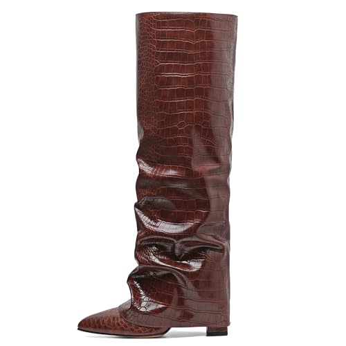 SaraIris Women's Slouchy Brown Knee High Boots - Pointed Toe, Fold Over, Chunky Heel