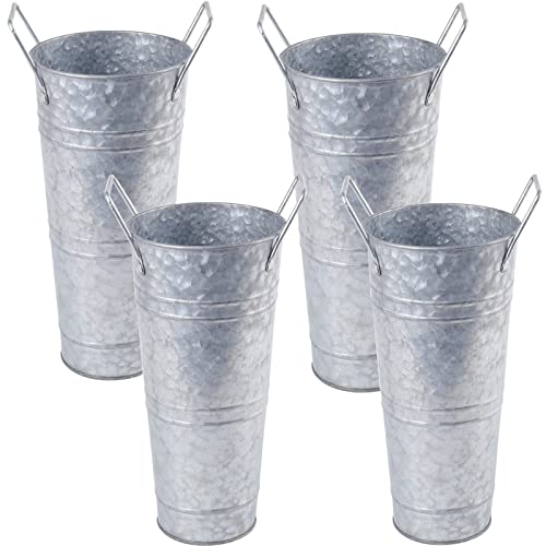 ZOOFOX Set of 4 Galvanized Metal Vases 9 Farmhouse French Bucket with Handles Rustic Style Metal Flower Holder for Home and Wedding Table Centerpiece Decor with Plastic Liner/Insert Included