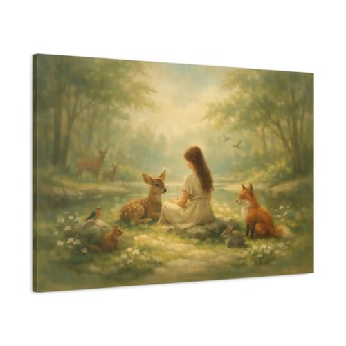 Tableau Forêt Enchantée fille animaux art mural grand format horizontal