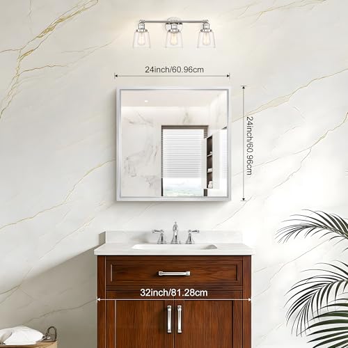 Image of 24 x 24 Silver Bathroom Mirror, Brushed Silver Square Mirror for Wall, 0.6 inch Thickened Deep Frame Mirrors for Bathroom Sink, Shatterproof Tempered Glass, Antirust, Horizontally or Vertically