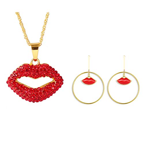 Enamel Evil Eye Heart Rhinestone Lip Dangle Earring Necklace Heart-Shaped Drop Earrings Glitter Dangling Earring Red Hoop Earring Shiny Jewelry Set for Women Girls-Lip